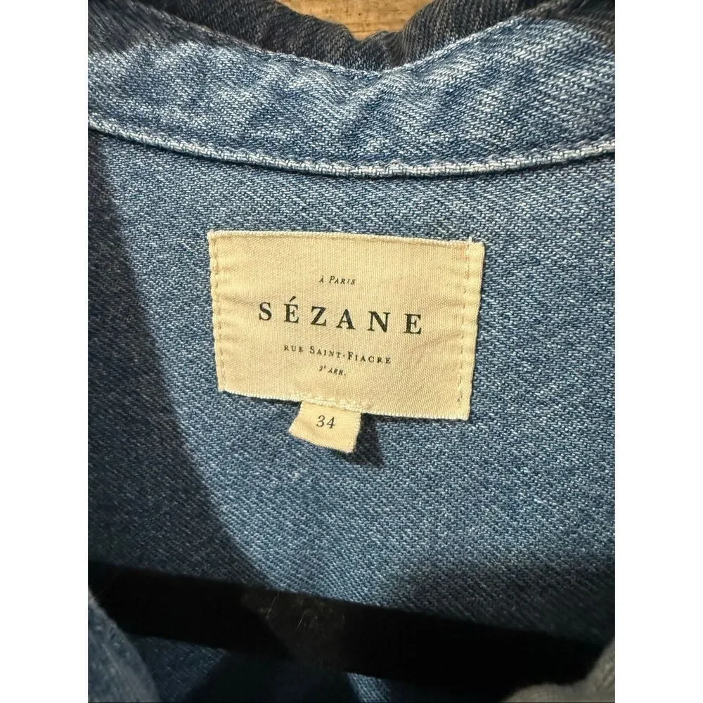 Sézane Denim Mini Short-Sleeve cotton Ana Shirt Dress oversized size 34 - Picture 4 of 9